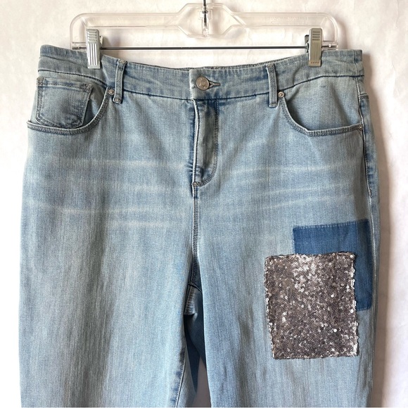 Chico’s So Slimming Girlfriend Ankle Blue Jeans Sequin Patch Cuffed Size 10 - Picture 3 of 13